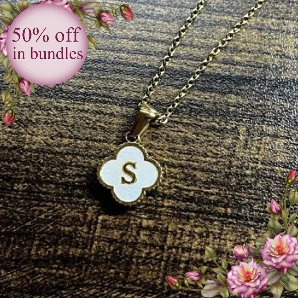 14K Gold Plated Stainless Steel Initial Necklaces “S” Four Leaf Clover Necklace - Picture 1 of 12
